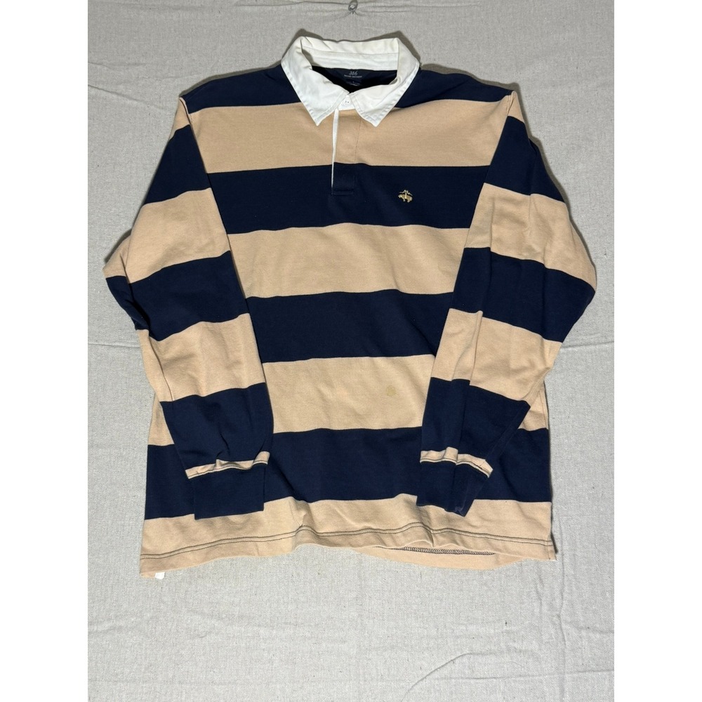 Brooks Brothers 346 Mens Rugby Shirt Large Navy Tan Striped Long Sleeve Cotton